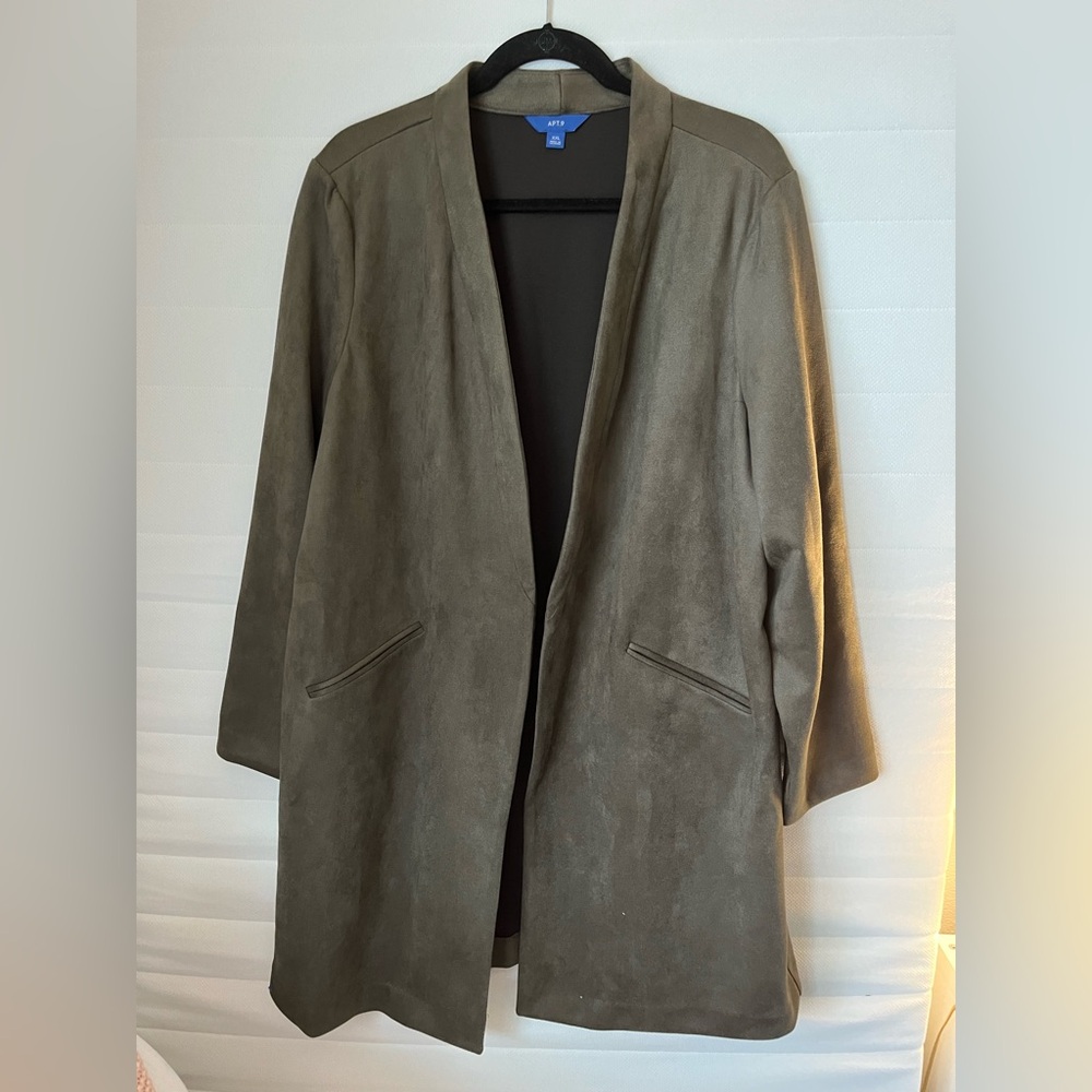 Apt. 9 Olive Green Slant Pocket Suede Feel Long Blazer